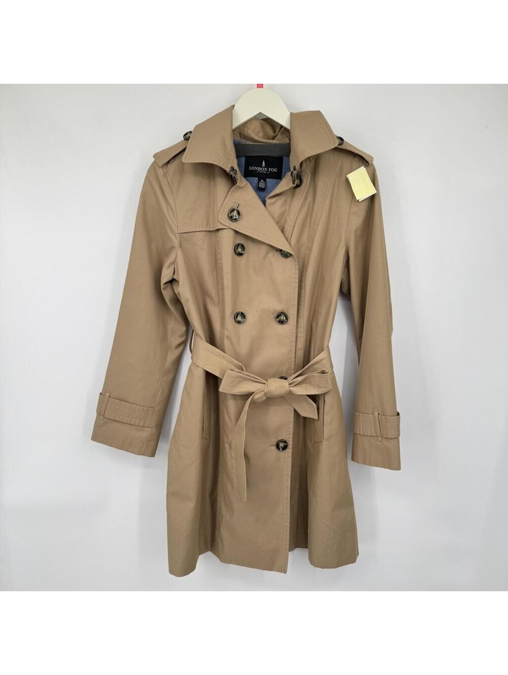 Women's London Fog Hooded Belted Trench Cotton Blend Khaki Coat Large Petite